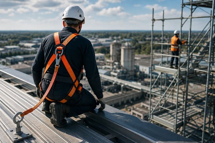 Travailleur équipé d’un harnais pour prévenir les chutes de hauteur